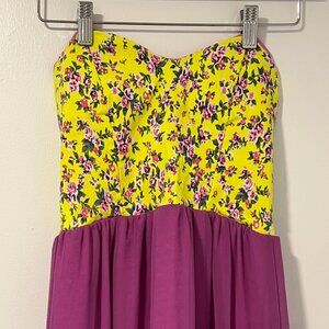 Floral Sweetheart Maxi Dress Strapless Chartreuse & Purple Cotton Blend
